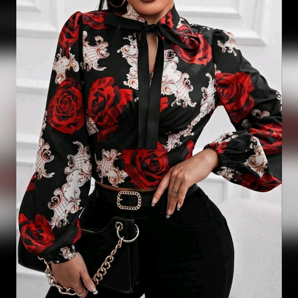 Floral Print Plunge Neck Lantern Sleeve Tie Neck Blouse Cropped Top Shirt